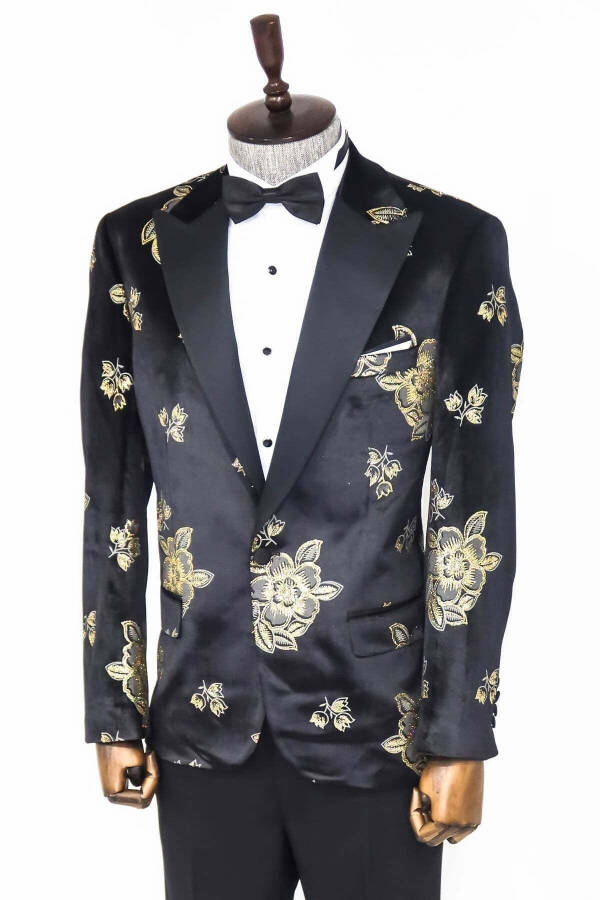 Gold Floral Pattern Shiny Black Men's Tuxedo Jacket - Wessi - 5