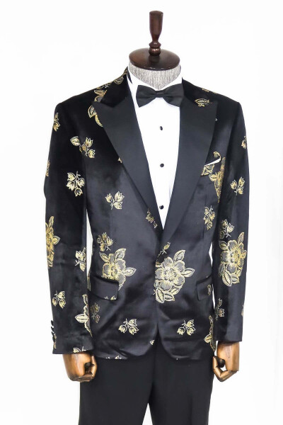 Gold Floral Pattern Shiny Black Men's Tuxedo Jacket - Wessi - 6