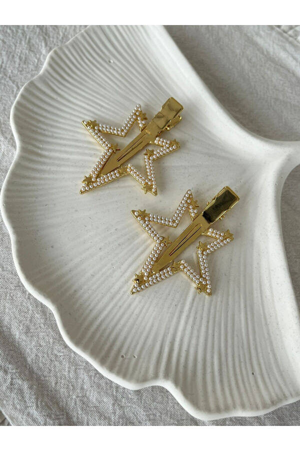 Gold Pearl Star Figured 2-Pack Clip Barrette - 5.5 cm - 3