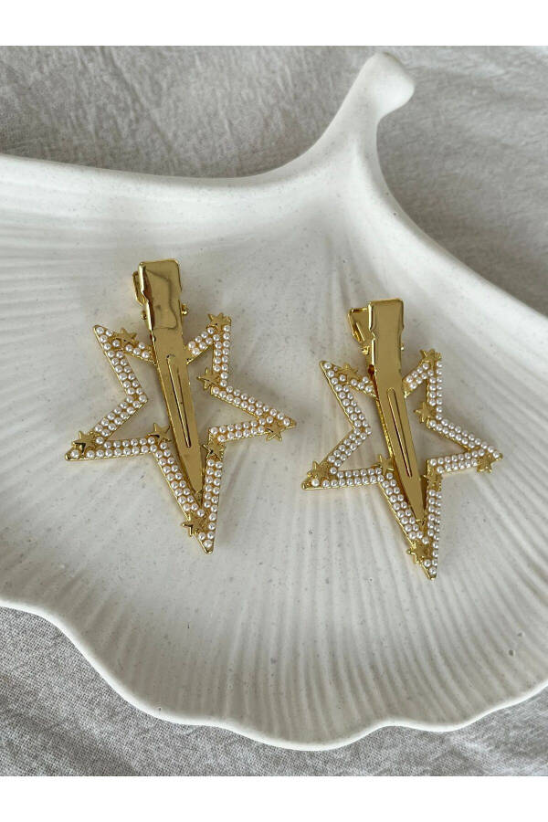 Gold Pearl Star Figured 2-Pack Clip Barrette - 5.5 cm - 4