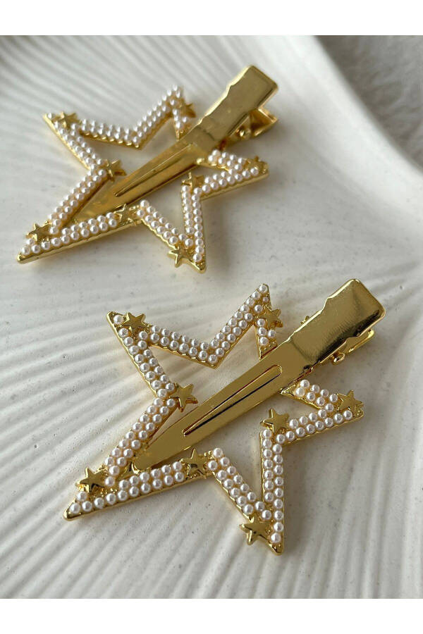 Gold Pearl Star Figured 2-Pack Clip Barrette - 5.5 cm - 5