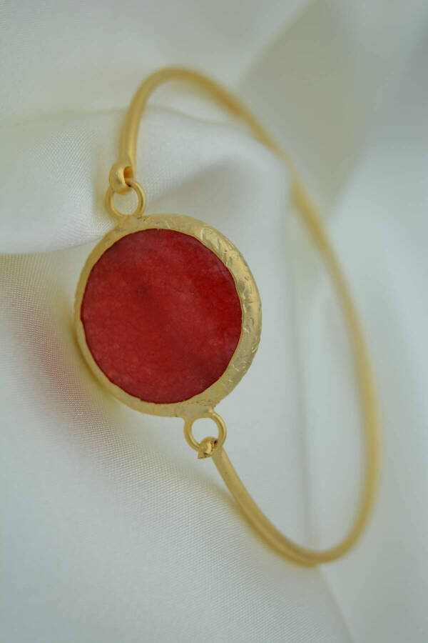 Gold Plated Ladies Bracelet Bangle with Red Jade Stone - 1