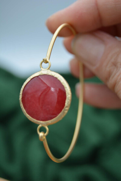 Gold Plated Ladies Bracelet Bangle with Red Jade Stone - 2