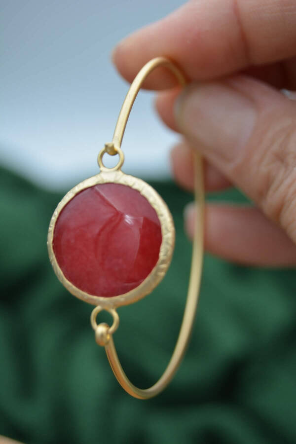 Gold Plated Ladies Bracelet Bangle with Red Jade Stone - 2