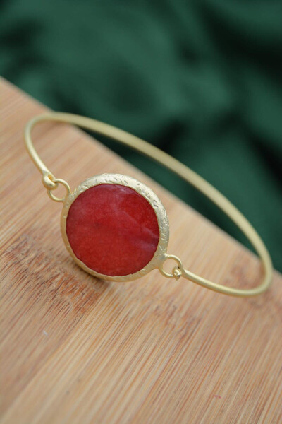 Gold Plated Ladies Bracelet Bangle with Red Jade Stone - 3