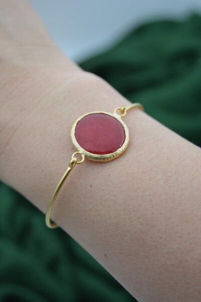 Gold Plated Ladies Bracelet Bangle with Red Jade Stone - 4