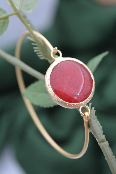 Gold Plated Ladies Bracelet Bangle with Red Jade Stone - 5