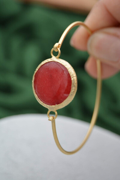 Gold Plated Ladies Bracelet Bangle with Red Jade Stone - 6