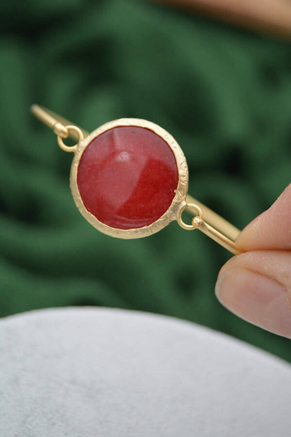 Gold Plated Ladies Bracelet Bangle with Red Jade Stone - 7