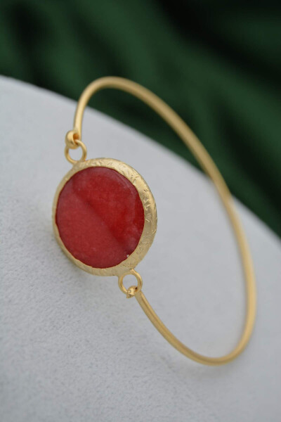 Gold Plated Ladies Bracelet Bangle with Red Jade Stone - 8