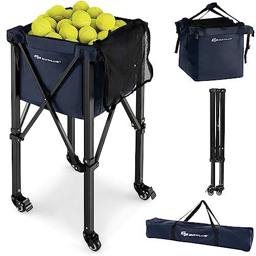 Goplus Foldable Tennis Ball Hopper, Lightweight Aluminum Tennis Ball Basket with Wheels, Removable Bag, Side Pockets, Carry Bag, Portable Sports Teaching Cart Holds 150 Tennis Balls - 1