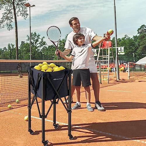 Goplus Foldable Tennis Ball Hopper, Lightweight Aluminum Tennis Ball Basket with Wheels, Removable Bag, Side Pockets, Carry Bag, Portable Sports Teaching Cart Holds 150 Tennis Balls - 2