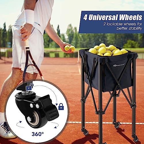 Goplus Foldable Tennis Ball Hopper, Lightweight Aluminum Tennis Ball Basket with Wheels, Removable Bag, Side Pockets, Carry Bag, Portable Sports Teaching Cart Holds 150 Tennis Balls - 3