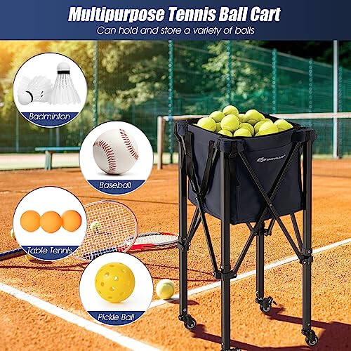 Goplus Foldable Tennis Ball Hopper, Lightweight Aluminum Tennis Ball Basket with Wheels, Removable Bag, Side Pockets, Carry Bag, Portable Sports Teaching Cart Holds 150 Tennis Balls - 5