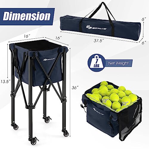 Goplus Foldable Tennis Ball Hopper, Lightweight Aluminum Tennis Ball Basket with Wheels, Removable Bag, Side Pockets, Carry Bag, Portable Sports Teaching Cart Holds 150 Tennis Balls - 7