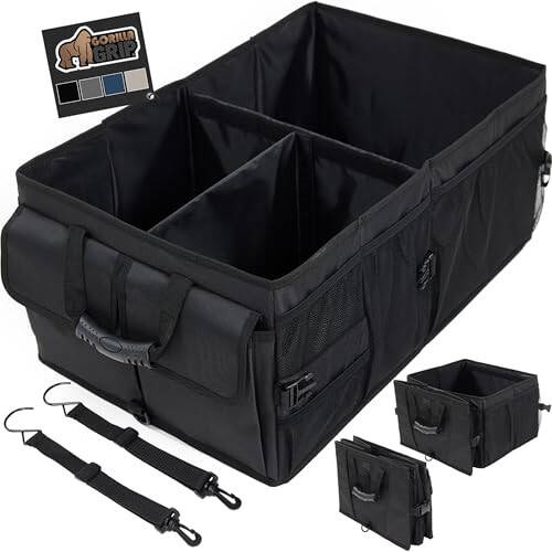 Gorilla Grip Large Capacity Sturdy Trunk Storage Organizer, Slip and Water Resistant Collapsible Organization Container for Car Sedan or SUV, Multi Compartment Container Box Vehicle Accessories, Black - 1