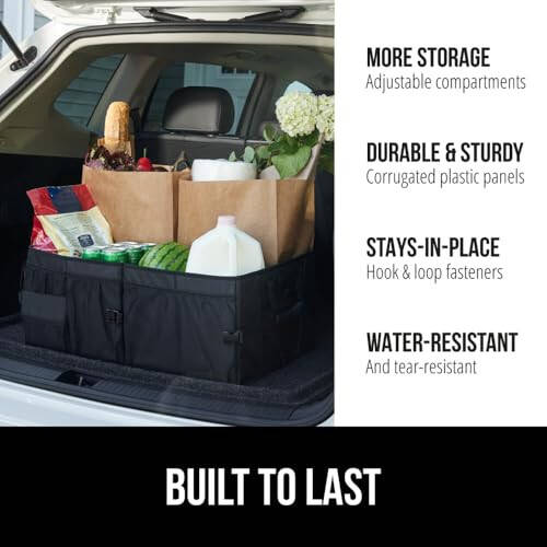 Gorilla Grip Large Capacity Sturdy Trunk Storage Organizer, Slip and Water Resistant Collapsible Organization Container for Car Sedan or SUV, Multi Compartment Container Box Vehicle Accessories, Black - 2