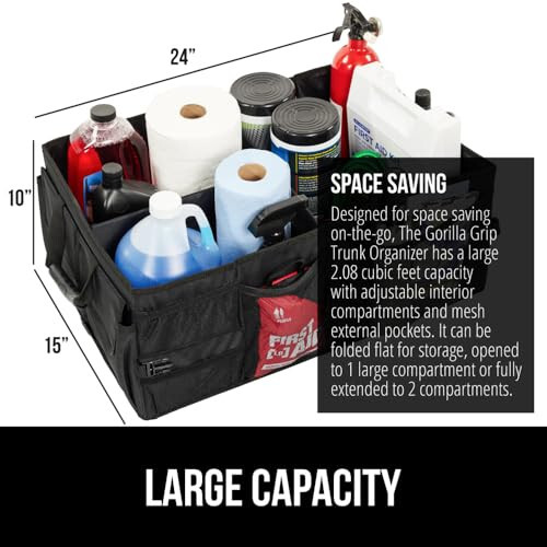 Gorilla Grip Large Capacity Sturdy Trunk Storage Organizer, Slip and Water Resistant Collapsible Organization Container for Car Sedan or SUV, Multi Compartment Container Box Vehicle Accessories, Black - 3