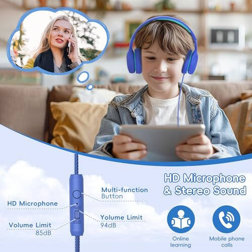 Gorsun Premium A66 Kids Headphones with 85dB/94dB Volume Limited, in-line HD Mic, Audio Sharing, Foldable Toddler Headphones, Adjustable, Children Headphones Over-Ear for School Travel, Blue - 1