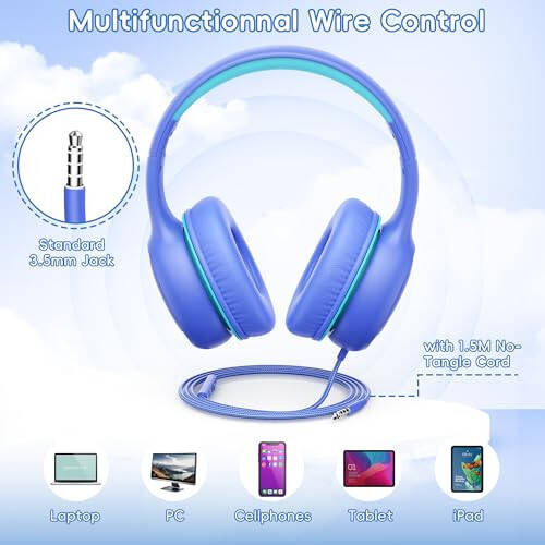 Gorsun Premium A66 Kids Headphones with 85dB/94dB Volume Limited, in-line HD Mic, Audio Sharing, Foldable Toddler Headphones, Adjustable, Children Headphones Over-Ear for School Travel, Blue - 4