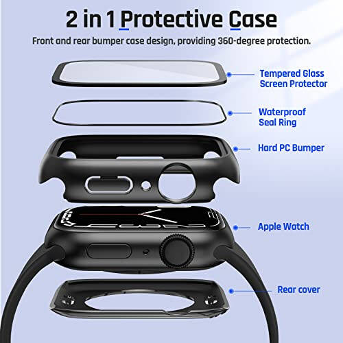 Goton 2 in 1 Waterproof Case for Apple Watch Screen Protector 44mm SE 2nd Gen Series 6 5 4, 360 Protective Glass Face Cover Hard PC Bumper + Back Frame for iWatch Accessories 44 mm - 5