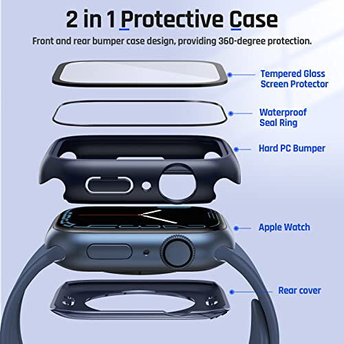 Goton 2 in 1 Waterproof Case for Apple Watch Screen Protector 44mm SE 2nd Gen Series 6 5 4, 360 Protective Glass Face Cover Hard PC Bumper + Back Frame for iWatch Accessories 44 mm - 5