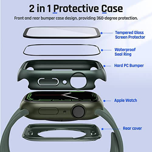 Goton 2 in 1 Waterproof Case for Apple Watch Series 9 8 7 Screen Protector 41mm, 360 Protective Glass Face Cover Hard PC Bumper + Back Frame for iWatch Accessories 41 mm - 5