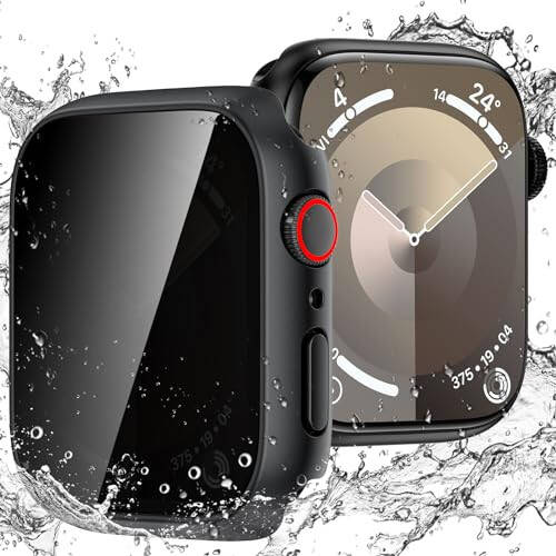 Goton Waterproof Privacy Case for Apple Watch Series 9 8 7 6 5 4 SE Ultra 40mm 44mm 41mm 45mm 49mm, Hard PC Bumper Tempered Glass Screen Protector for iWatch Cover Accessories, 44mm Black - 1