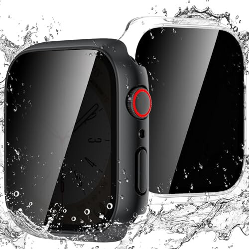 Goton Waterproof Privacy Case for Apple Watch Series 9 8 7 6 5 4 SE Ultra 40mm 44mm 41mm 45mm 49mm, Hard PC Bumper Tempered Glass Screen Protector for iWatch Cover Accessories, 44mm ClearBlack - 1