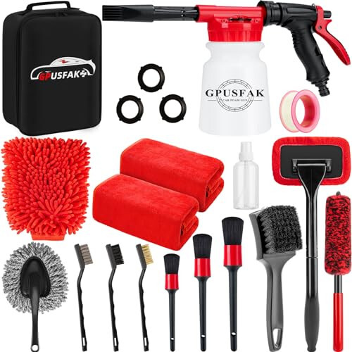 GPUSFAK 16Pcs Car Wash Cleaning Kit with Foam Gun Sprayer Detailing Brushes Windshield Cleaning Tool Rim and Tire Brush Towels Complete Interior Exterior Detailing Set for Car - 2