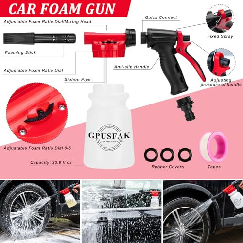 GPUSFAK 16Pcs Car Wash Cleaning Kit with Foam Gun Sprayer Detailing Brushes Windshield Cleaning Tool Rim and Tire Brush Towels Complete Interior Exterior Detailing Set for Car - 3