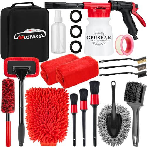 GPUSFAK 16Pcs Car Wash Cleaning Kit with Foam Gun Sprayer Detailing Brushes Windshield Cleaning Tool Rim and Tire Brush Towels Complete Interior Exterior Detailing Set for Car - 1