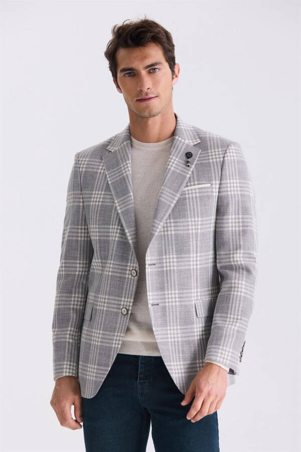 Gray Classic Fit Checked Single-Breasted Jacket - 5