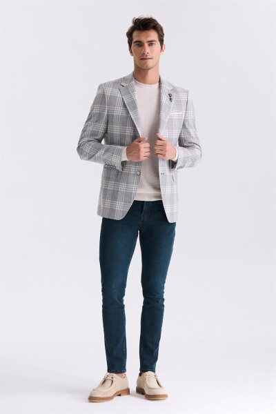 Gray Classic Fit Checked Single-Breasted Jacket - 6