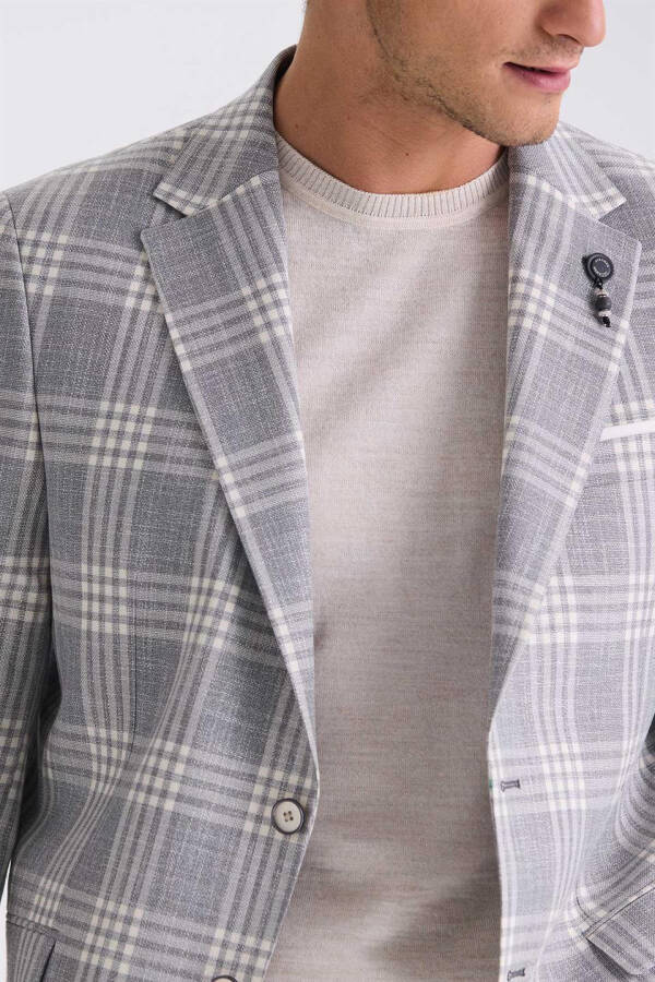 Gray Classic Fit Checked Single-Breasted Jacket - 7