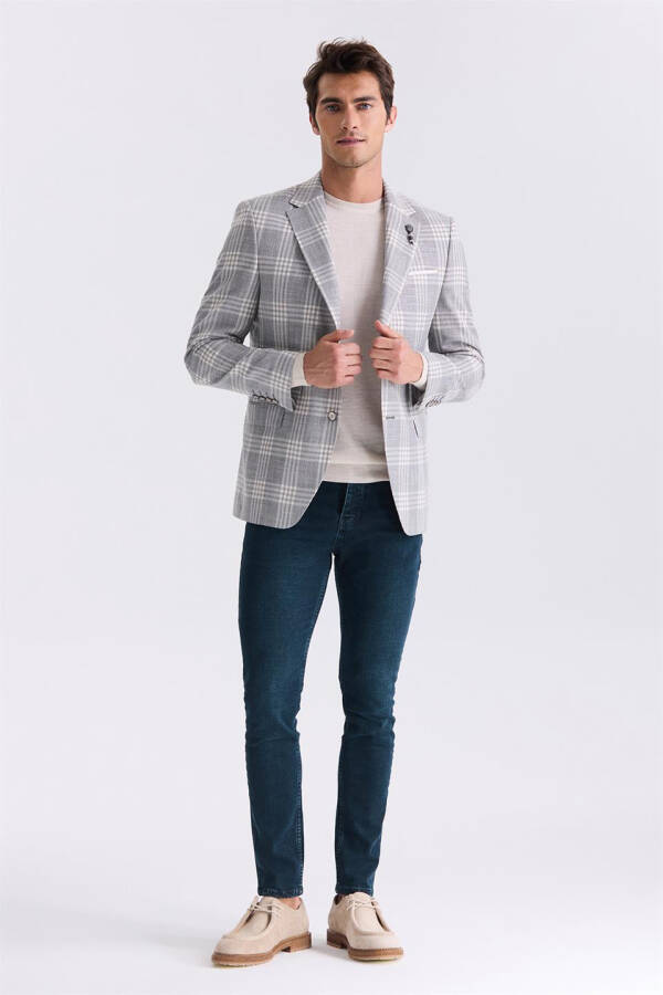 Gray Classic Fit Checked Single-Breasted Jacket - 2