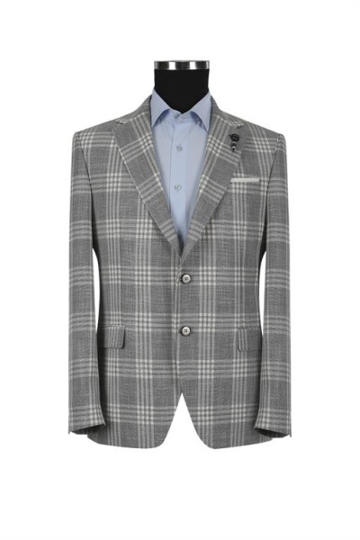 Gray Classic Fit Checked Single-Breasted Jacket - 9