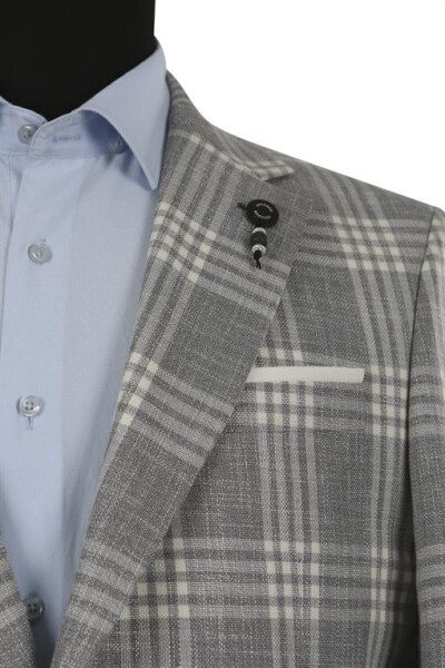 Gray Classic Fit Checked Single-Breasted Jacket - 10