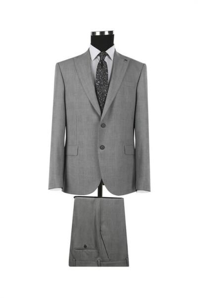 Gray Classic Fit Pointed Collar Wool Suit - 5