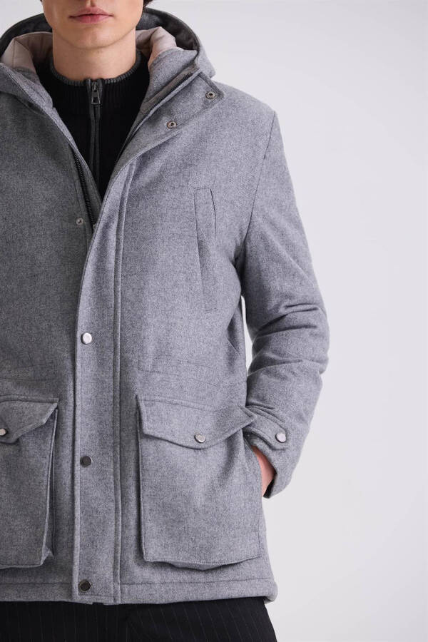 Gray Comfort Fit Hooded Wool Coat - 7