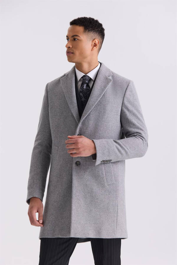 Gray Comfort Fit Single Breasted Side Pocket Cashmere Coat - 1