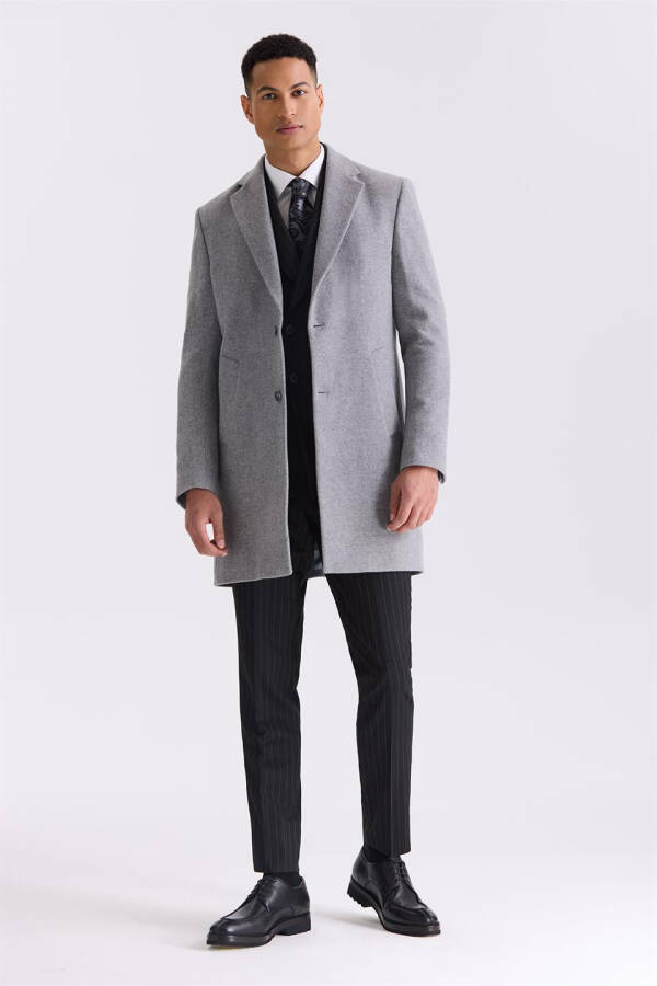 Gray Comfort Fit Single Breasted Side Pocket Cashmere Coat - 2