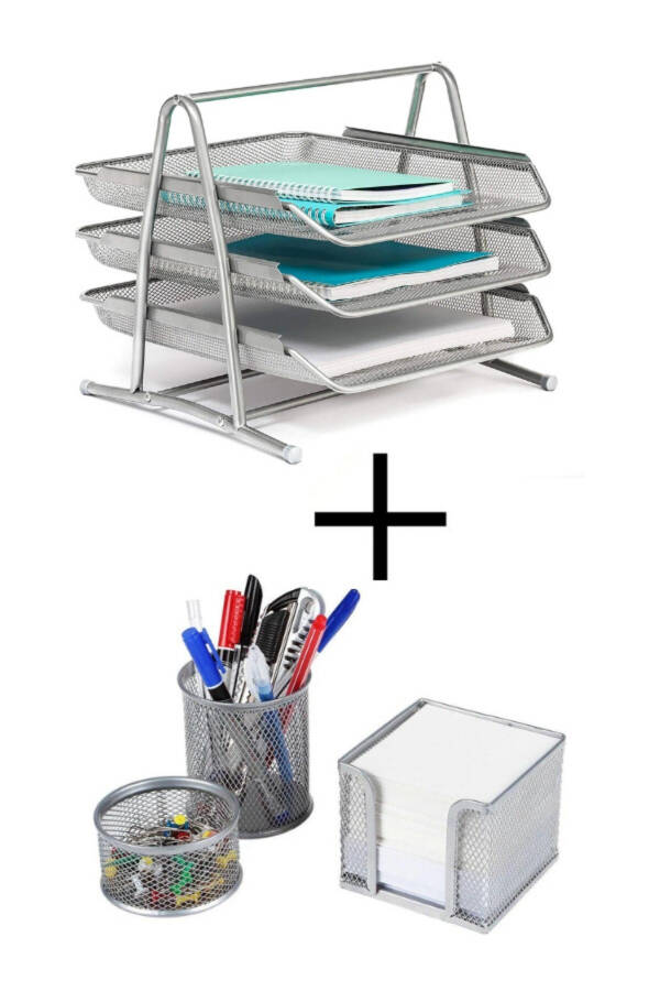 Gray File Shelf Metal File 3-Piece Pen Holder Set - 1