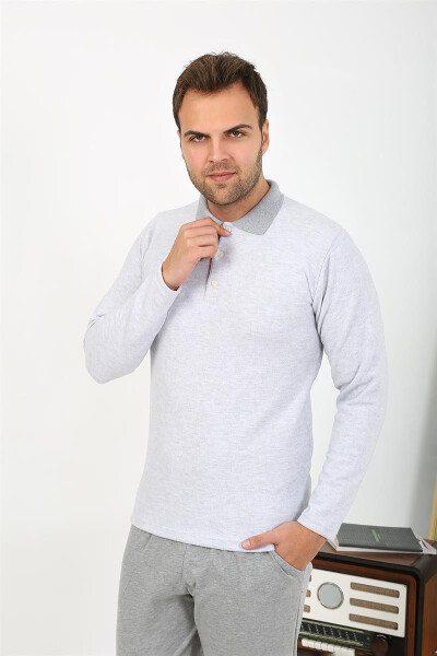 Gray, long-sleeved, polo neck cotton pajamas. (6864) - 6