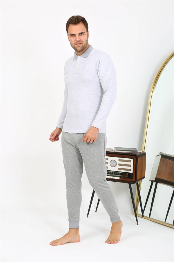 Gray, long-sleeved, polo neck cotton pajamas. (6864) - 7