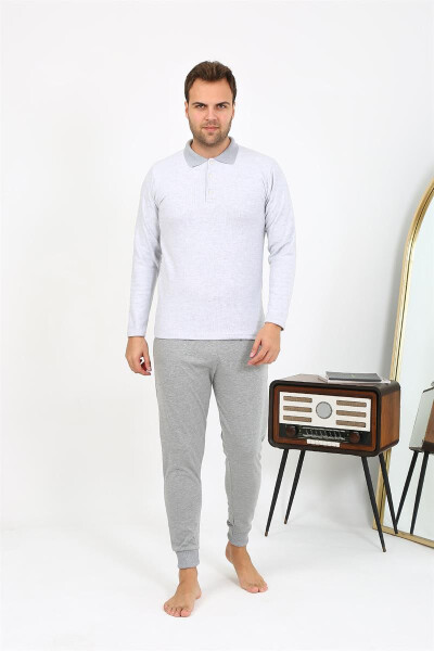 Gray, long-sleeved, polo neck cotton pajamas. (6864) - 8