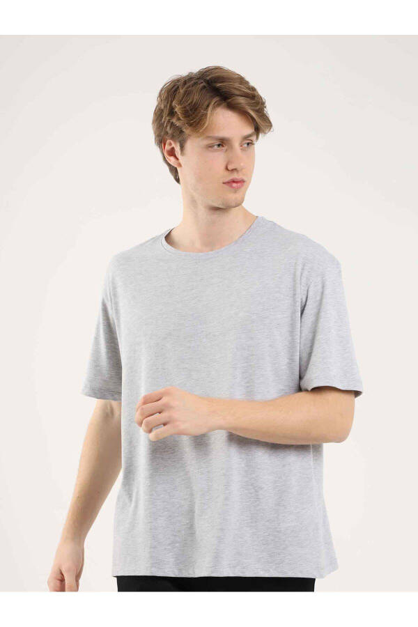 Gray Melange Men's Oversize Plain Crew Neck T-shirt - 70918 - 10