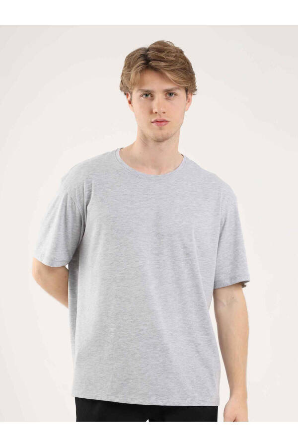 Gray Melange Men's Oversize Plain Crew Neck T-shirt - 70918 - 11