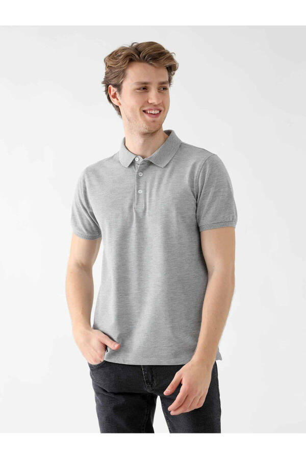 Gray Melange Men's Slim Fit Plain Polo Collar Tshirt - 85453 - 7