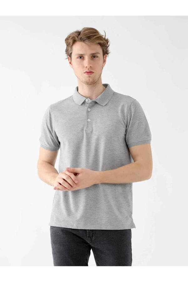 Gray Melange Men's Slim Fit Plain Polo Collar Tshirt - 85453 - 8